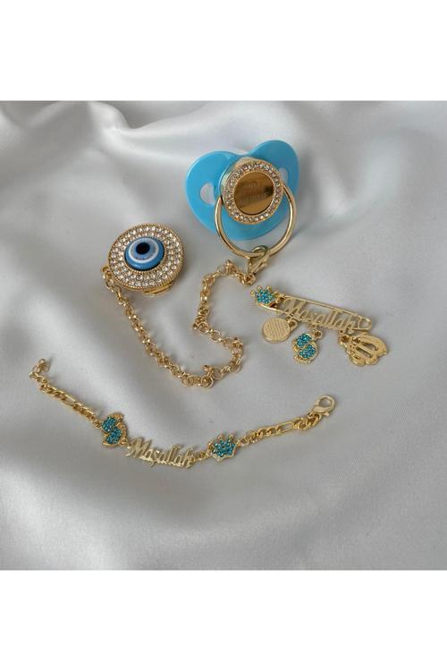 Altın Kaplama Nazar Boncuklu Zirkon Emzik Seti – Maşallah İğnesi & Bebek Künyesi Dahil