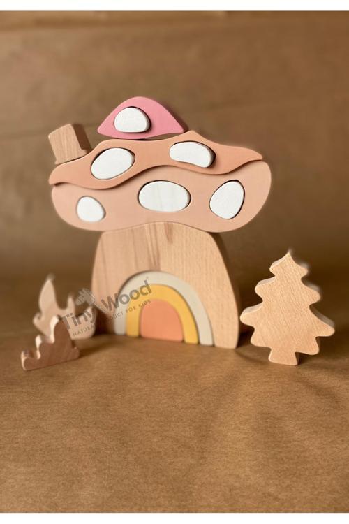 Ahşap Oyuncak Mantar Ev Puzzle Eğitsel Oyuncak