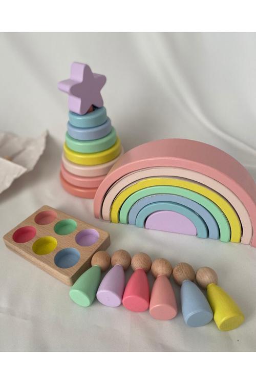 7'Li Waldorf Gökkuşağı, Yıldız Kule, Peg Bebek Tabla Seti, Waldorf Eğitsel Ahşap Oyuncak Jumbo Set