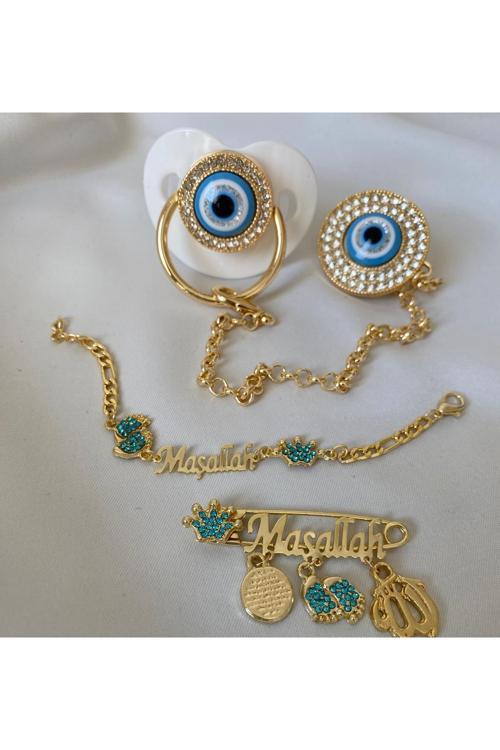 Altın Kaplama Nazar Boncuklu Zirkon Emzik Seti – Maşallah İğnesi & Bebek Künyesi Dahil