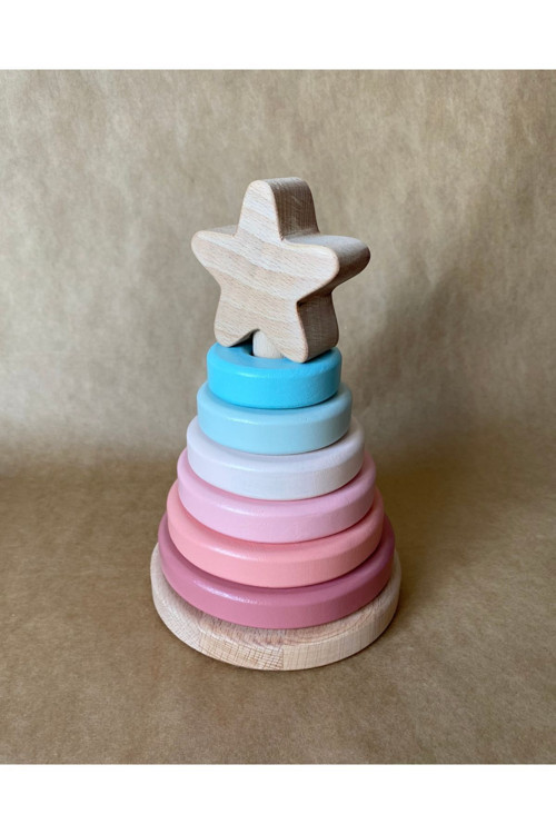 Waldorf Ahşap Yıldız Kule Ahşap Hanoi Kule Ekolojik Oyuncak Yeşil Pastel Pembe Renk