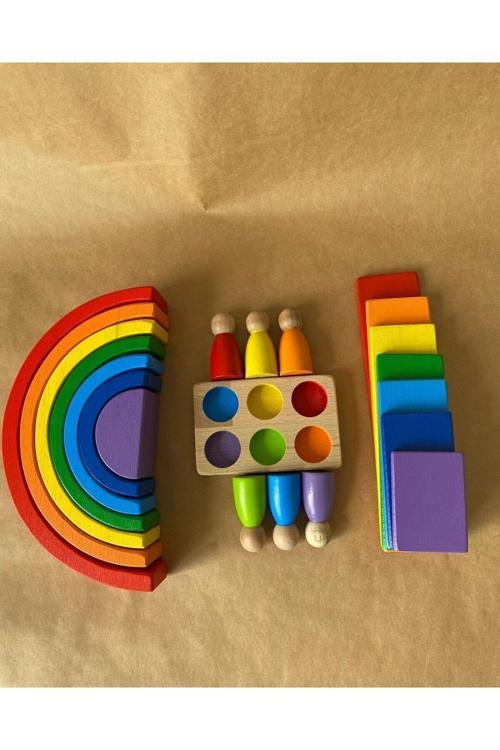 7 Li Waldorf Gökkuşağı, Dikdörtgen Düz Tabla Seti Ve 6 Lı Insan Figürleri Oyun Seti