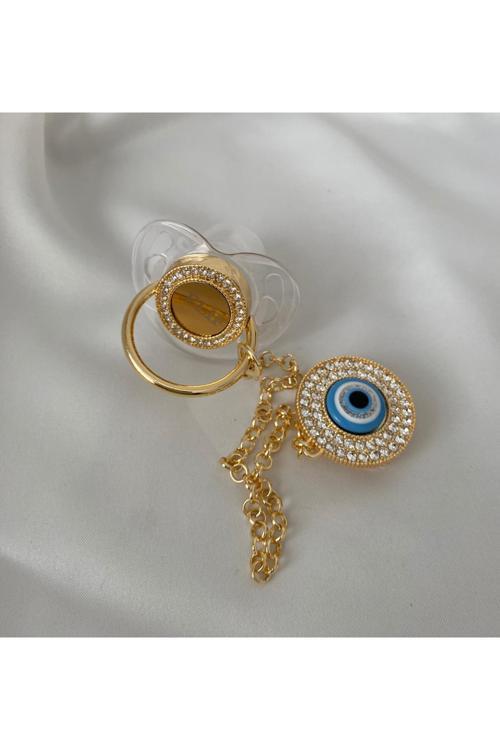 Altın Kaplama Nazar Boncuklu Zirkon Emzik Seti – Maşallah İğnesi & Bebek Künyesi Dahil