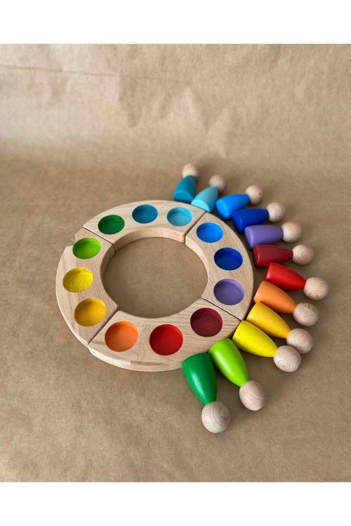 1 Yaş 12'Li Waldorf Gökkuşağı Peg Bebek Tabla Seti Peg Bebek Renk Eşleştirme Ahşap Oyuncak Yuvarlak
