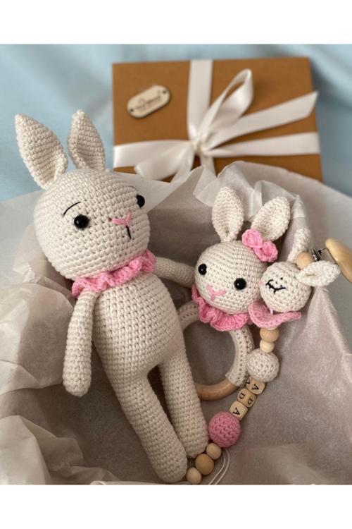 Amigurumi Tavşancık Hediyelik Yenidoğan 3 Lü Set, Kız Bebek Hoşgeldin Bebek Hediye Seti