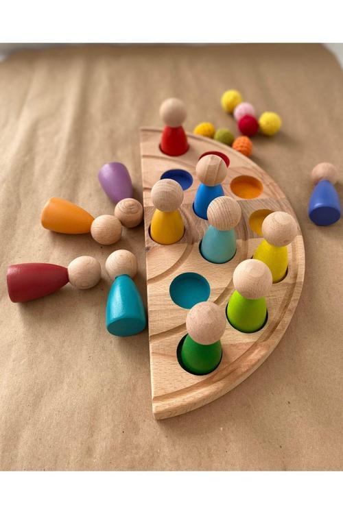 1 Yaş 12'Li Waldorf Gökkuşağı Peg Bebek Tabla Seti Peg Bebek Renk Eşleştirme Ahşap Oyuncak