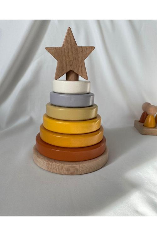 Waldorf Yıldız Kule Ahşap Yıldız Kule Kahve Pastel Renk Ekolojik Oyuncak