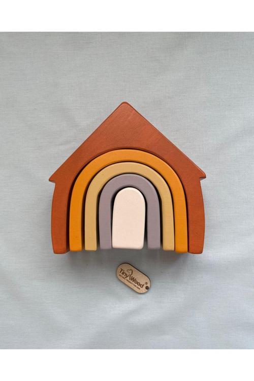 Ahşap Waldorf Gökkuşağı Ev Pastel Renkli Doğal Ahşap 5'Li Waldorf Ev Eğitici, Duyusal Oyuncak