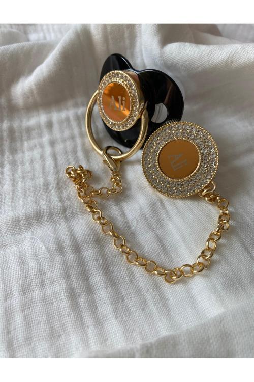 İsme Özel Altın Kaplama Zirkon Taşlı Bebek Emzik Seti (0-6 Ay) | Silikon & Damaklı Siyah Renk