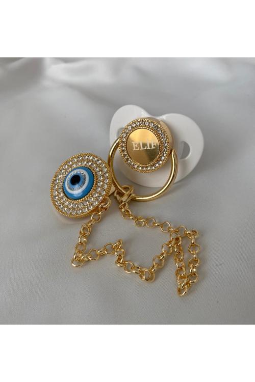 Altın Kaplama Nazar Boncuklu İsimli Emzik Zinciri Seti – Kişiye Özel Zirkon Taşlı Bebek Emziği