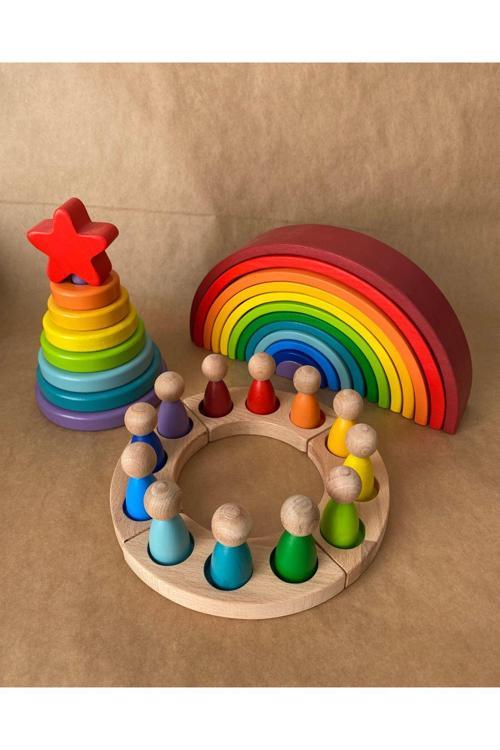 12'Li Waldorf Gökkuşağı Peg Bebek Tabla Yıldız Kule Waldorf Eğitsel Ahşap Oyuncak Jumbo 3 Lü Set