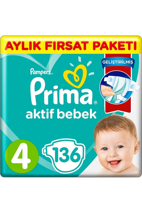 Prima Bebek Bezi Aktif Bebek 4 Beden Aylık Fırsat Paketi 136 Adet
