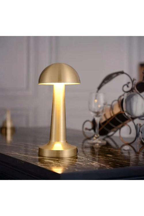 Dokunmatik Şarjlı 3 Kademeli Işıklı Gece Lambası USB Girişli Metal Mantar Masa Lambası