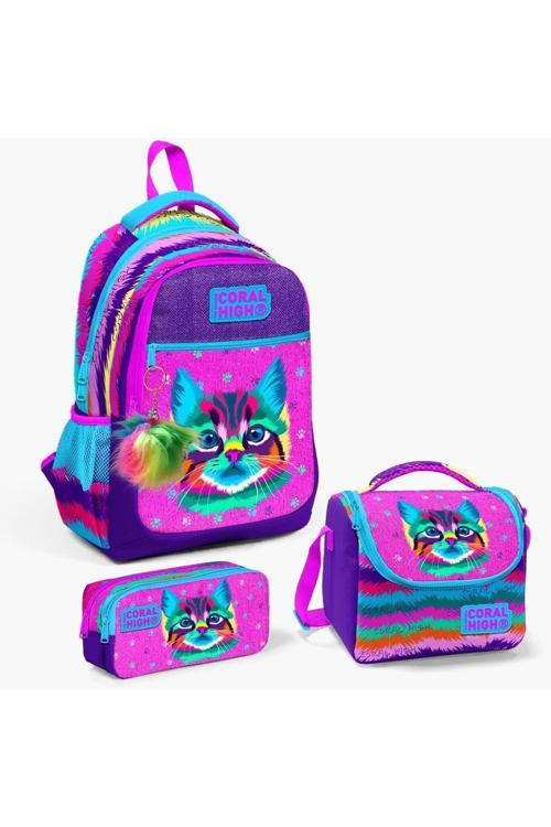 Mor Pembe Kedi Desenli 3’Lü Okul Çanta Seti Kız Çocuk İlköğretim Çanta Seti