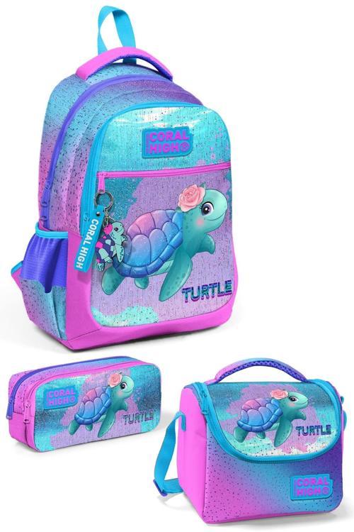 İlköğretim Kız Çocuk  Pembe Mavi Kaplumbağa Desenli 3’Lü Okul Çanta Seti
