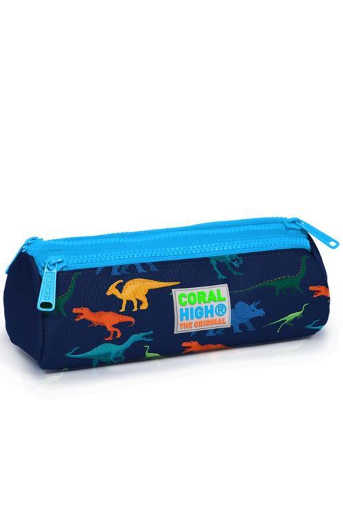 Kids Lacivert Mavi Dinozor Desenli Üç Bölmeli Kalem Çantası