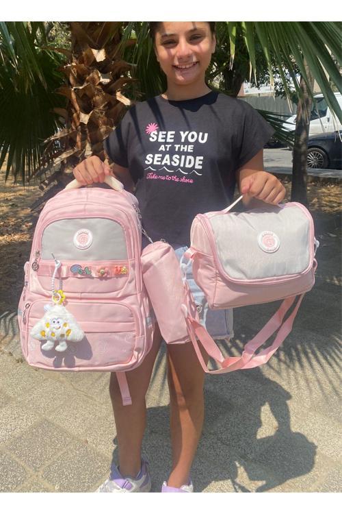 Kız Çocuk İlköğretim Çantası Ultra Hafif İlkokul / Ortaokul Okul 3 Lü Çanta Seti Pembe-Lila -Gri