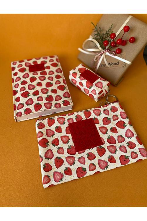 Çilek-Baykuş Desenli Deri Kaplı Defter Seti | 14X20 Cm Çizgili Defter