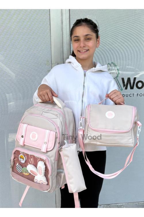 Kawaii Kore Tarzı Aksesuarlı Ve Ergonomik Okul Sırt Çantası Siyah-Bej-Gri| Beslenme, Kalemlik Set