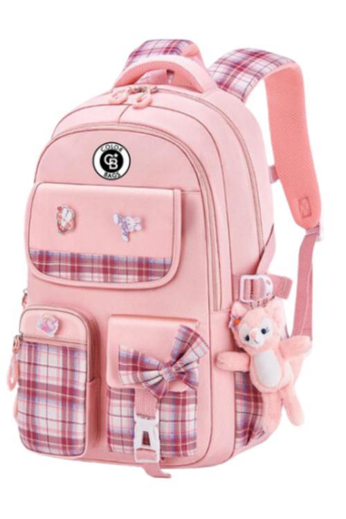 Kız Çocuk İlköğretim Çantası Ultra Hafif İlkokul / Ortaokul Okul Çantası Pembe-Lila Ekose Cep