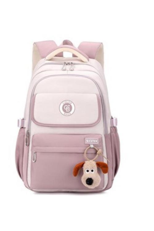 Kız Çocuk İlkokul Çantası – Peluş Anahtarlıklı, Su Geçirmez Kumaş Siyah- Pudra-Gri Pembe