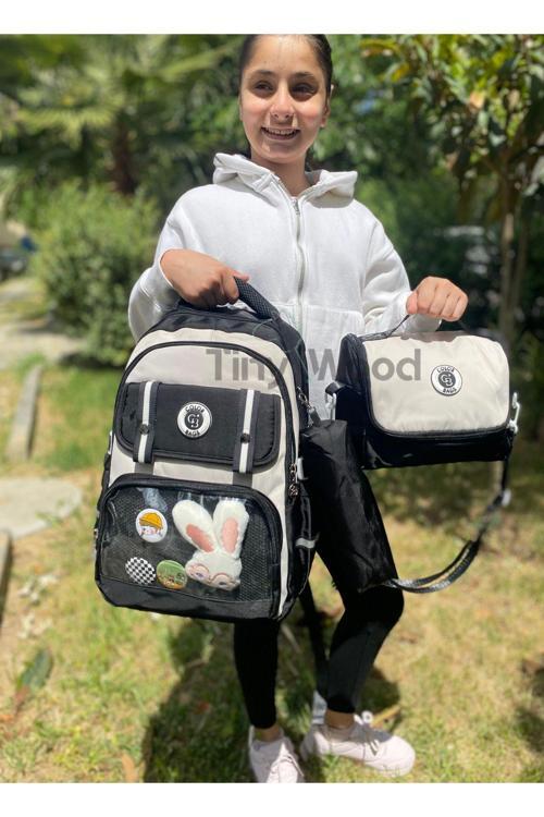 Kawaii Kore Tarzı Aksesuarlı Ve Ergonomik Okul Sırt Çantası Siyah-Bej-Gri| Beslenme, Kalemlik Set