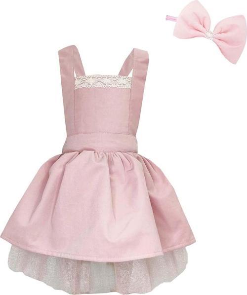 Kız Çocuk Dantel Detaylı Pudra Pembe Tütü Elbise Bandana Takım Doğum Günü Elbisesi 1 Yaş Pembe