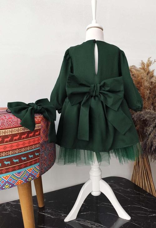 Kız Çocuk Yeşil Fiyonklu Tütü Noel Elbise, Uzun Kollu Yeşil Doğum Günü Elbisesi, Bandana 2 Yaş Yeşil