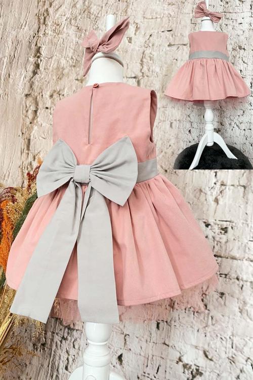 Pembe Gri Fiyonklu Kız Çocuk Tütü Elbise Bandana Takım 1 Yaş Renkli