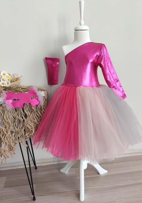 Fuşya Tek Omuz Halloween Kız Çocuk Elbise 3'lü Set, Doğum Günü Elbisesi 1 Yaş Fuşya