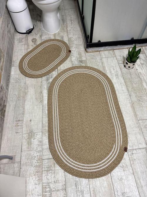 Jüt Hasır 2li Banyo Paspas Takımı-Bej Ortası Aralıklı Beyaz