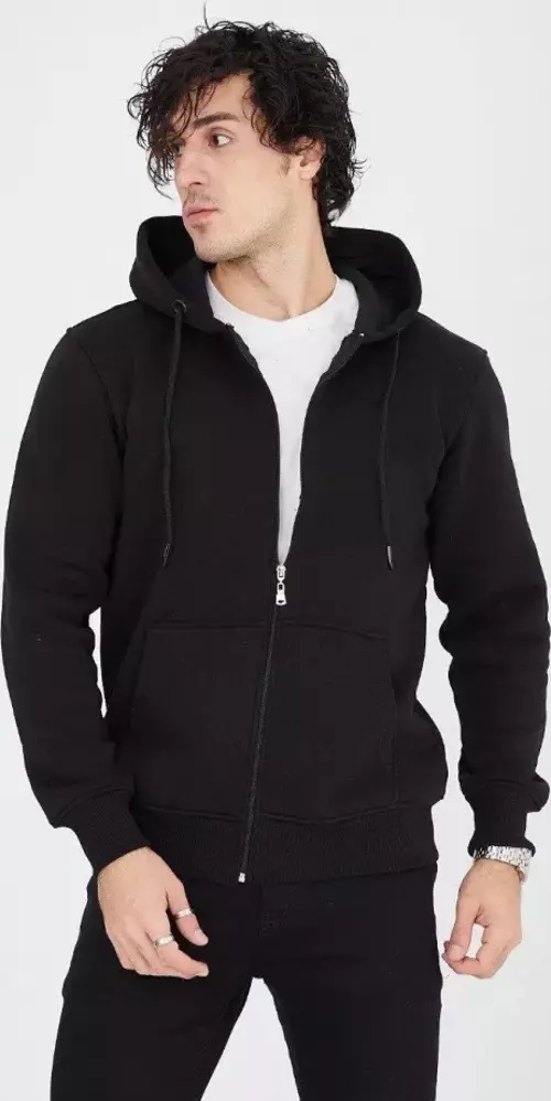 Erkek Kapüşonlu Düz Fermuarlı Hırka - Siyah