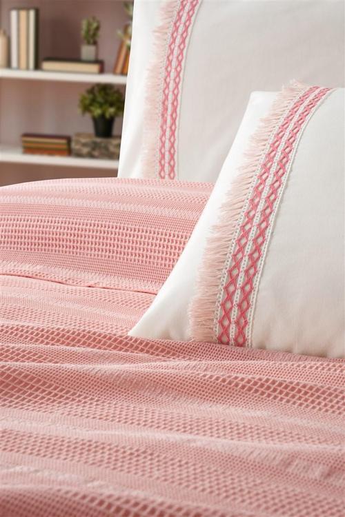 Tivoli Tek Kişilik Dantelli 3 Parça Pike Takımı-Waffle Pike Seti-Melanie-Pudra