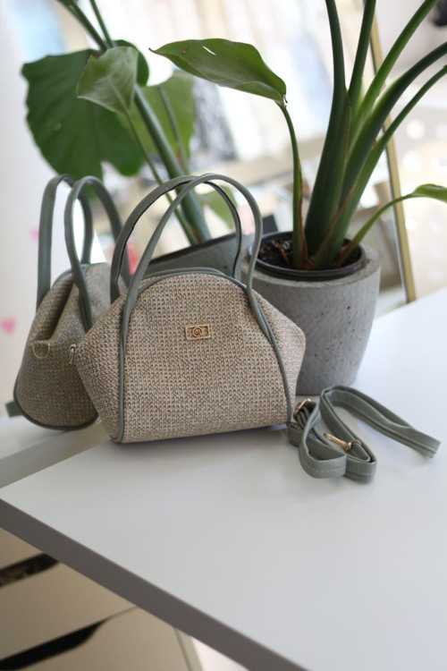 Mint Yeşili Hasır Doku Çift Saplı Askılı Omuz Çantası