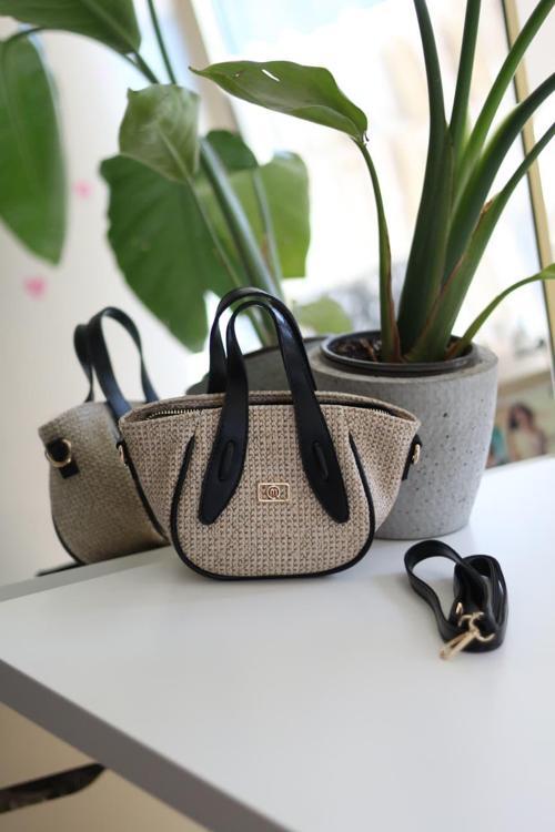 Siyah Hasır Doku Çift Saplı Askılı Omuz Çantası