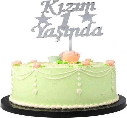 Kızım 1 Yaşında İlk Yaş Doğum Günü Partisi Pleksi Pasta Süsü Gümüş Renk