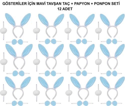 Mavi Tavşan Kostüm Seti – Taç, Papyon, Ponpon (12’li Paket)