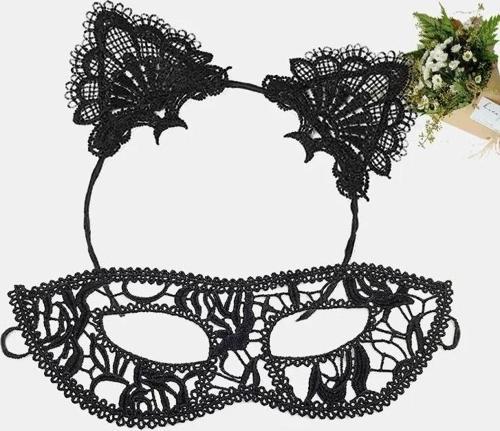 Siyah Renk Dantel Maske Ve Dantel Kulak Taç Seti Yetişkin No 12