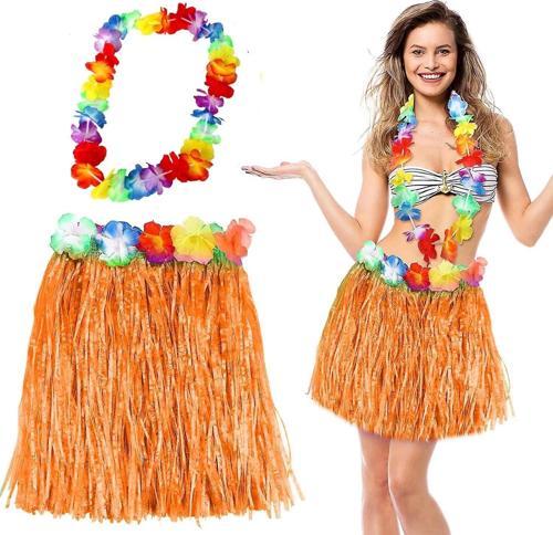 Hawaii Luau Aloha Turuncu Püsküllü 40 Cm Etek Ve Hawaii Kolye Seti