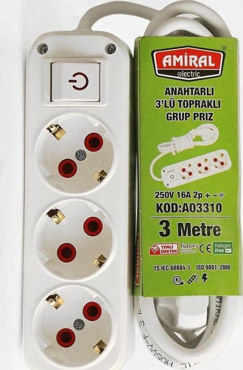 Amiral 3' Lü Topraklı Anahtarlı 3 Metre Kablolu Grup Priz