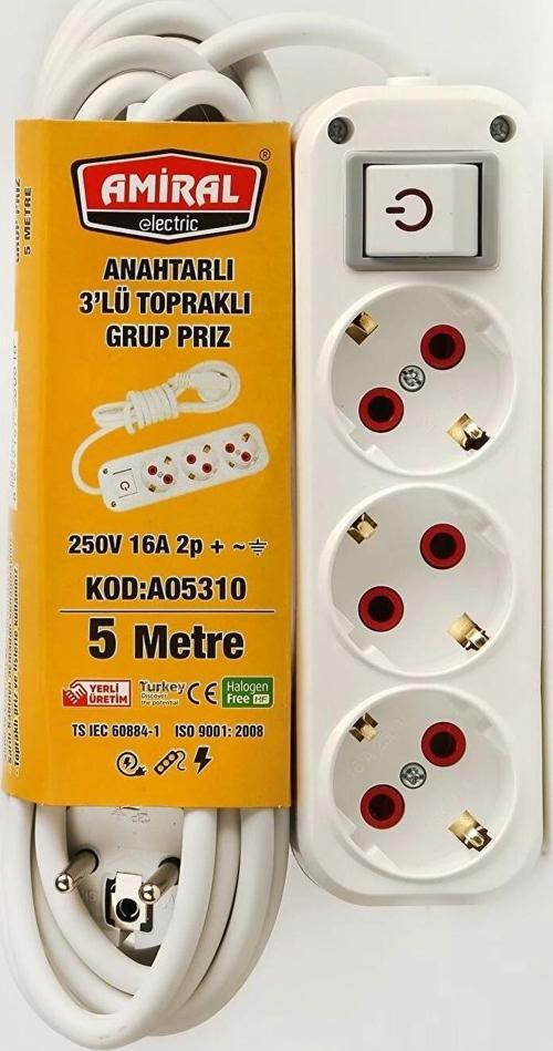 Amiral 3' Lü Topraklı Anahtarlı 5 Metre Kablolu Grup Priz