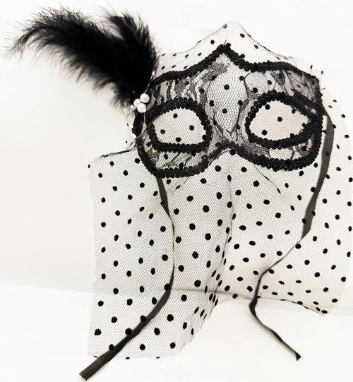 Siyah Renk Siyah Puantiyeli Duvaklı İncili Parti Maskesi