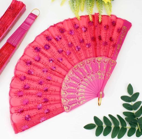 Plastik Pullu Kumaş Yelpaze 12'li Fuşya