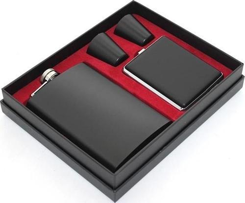 Paslanmaz Çelik 2 Shot Bardak Ve  Tabakalı Matara Seti Alk2670