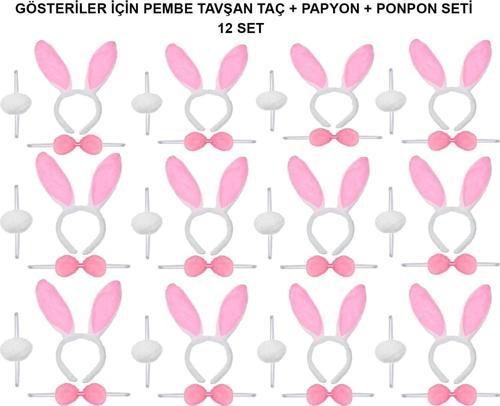 Pembe Tavşan Kostüm Seti – Taç, Papyon, Ponpon (12’li Paket)