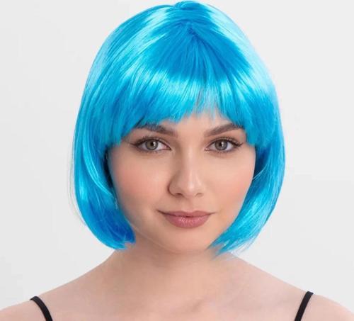 Turkuaz Açık Mavi Renk Düz Kesim Kısa Küt Parti Peruğu