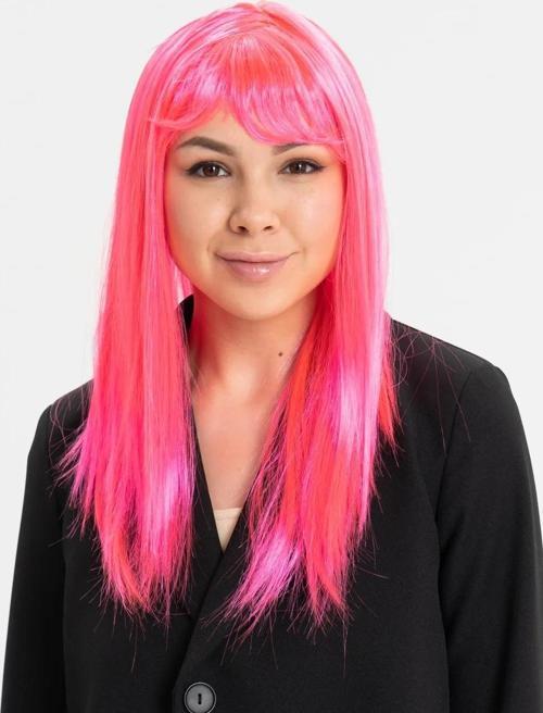 Şeker Pembesi Koyu Pembe Renk Uzun Düz Parti Peruğu