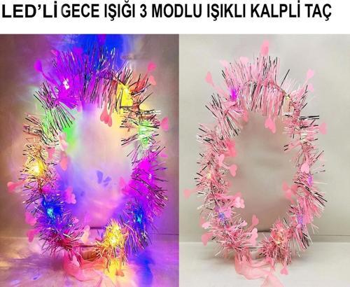 Kalp Püsküllü Gece Parıltısı 3 Modlu Led39li Işıklı Taç Pembe Renk