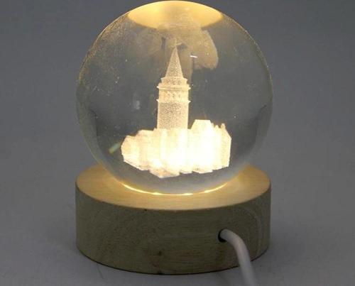 3d Kristal Cam Küre Ahşap Soketli İstanbul Temalı Led Lamba Aalk2575