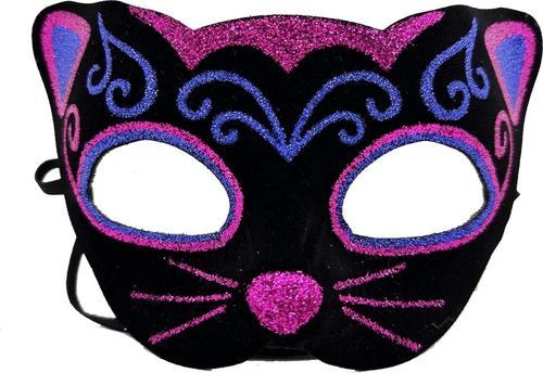 Siyah Kadife Kaplama Üzeri Pembe Mavi Sim İşlemeli Kedi Maskesi 20x13 Cm